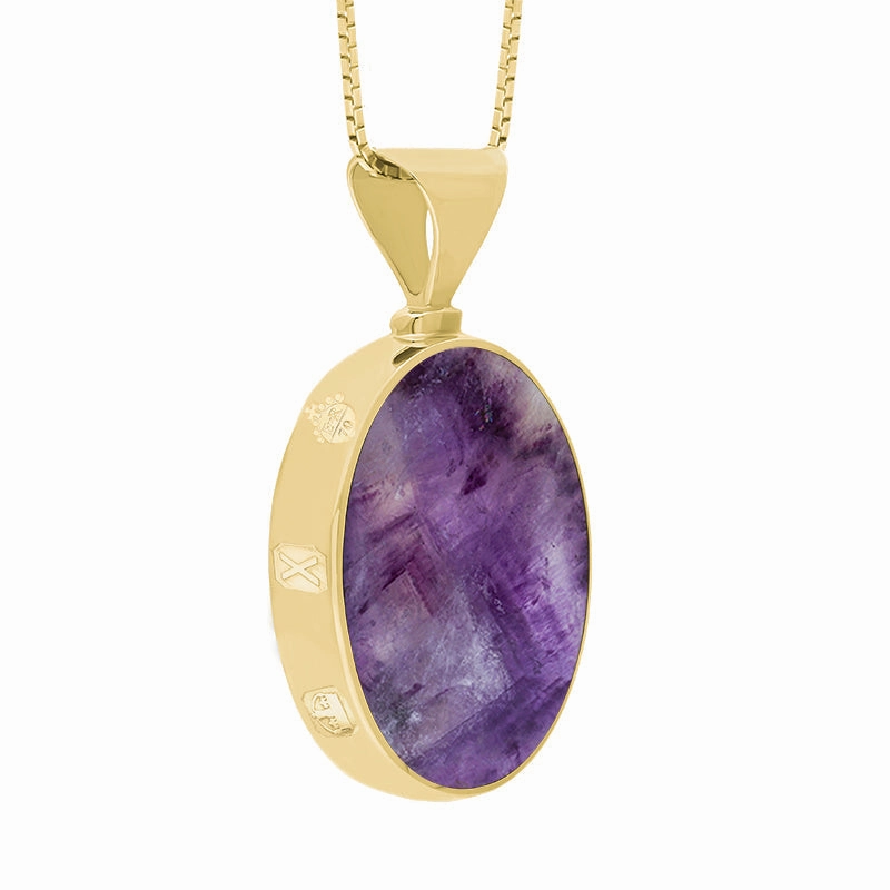 18ct Yellow Gold Blue John Whitby Jet Queens Jubilee Hallmark Double Sided Oval Necklace D