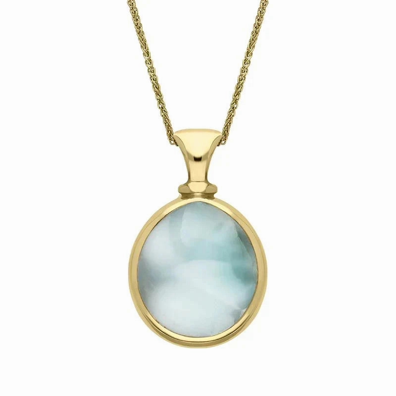 18ct Yellow Gold Coquina Larimar Small Double Sided Pear Fob Necklace