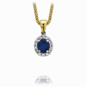 18ct Yellow Gold Diamond and Sapphire Oval Cluster Necklace