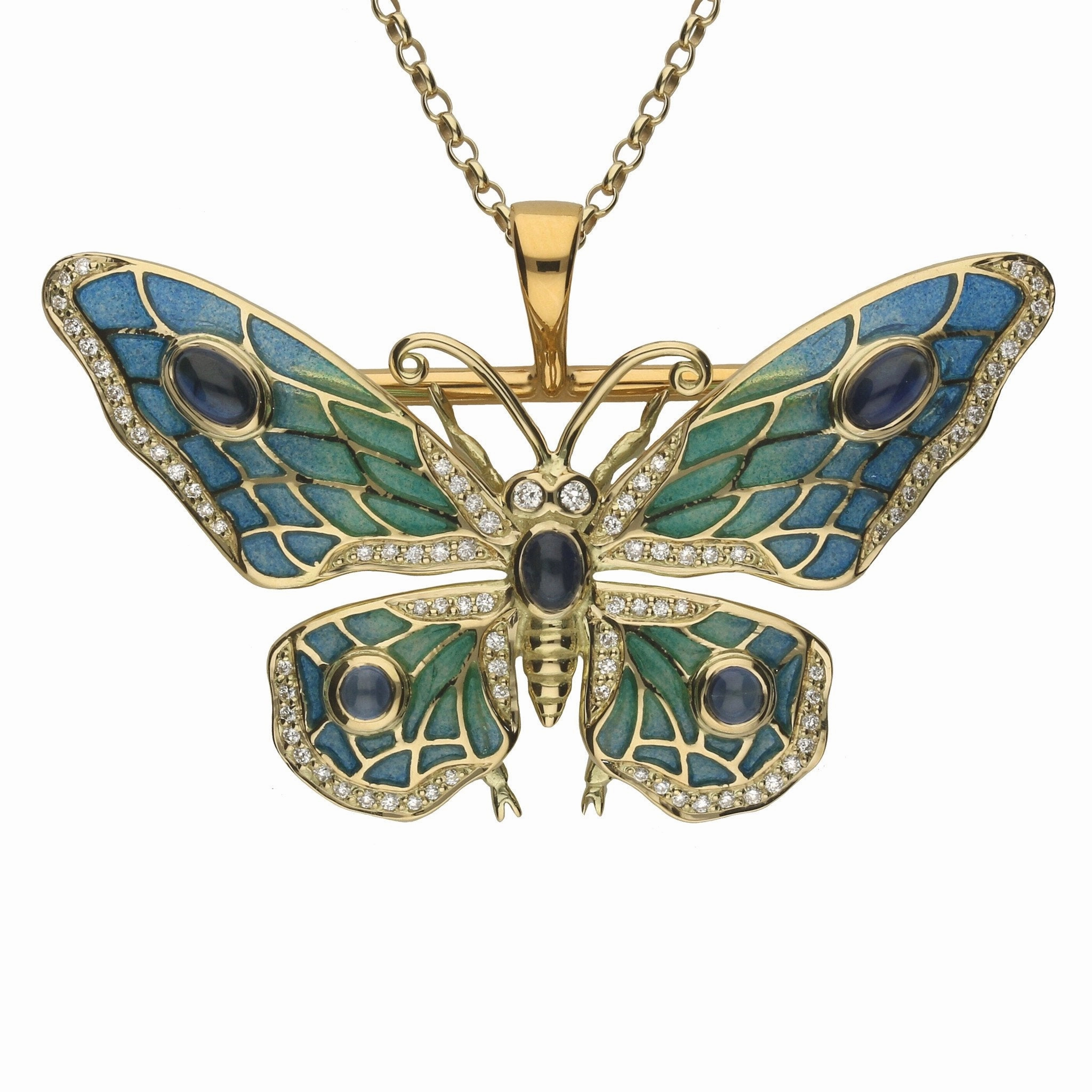18ct Yellow Gold Diamond Moonstone Enamel Style & Fashion Butterfly Brooch Necklace