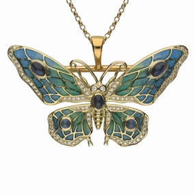 18ct Yellow Gold Diamond Moonstone Enamel Style & Fashion Butterfly Brooch Necklace