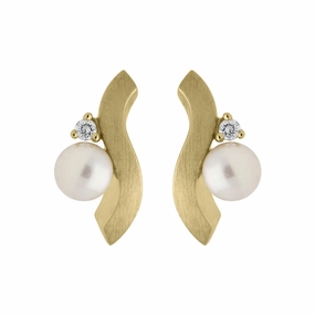 18ct Yellow Gold Diamond Pearl Wave Stud Earrings