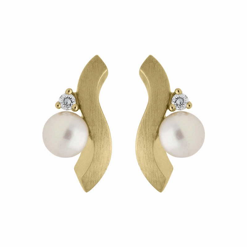 18ct Yellow Gold Diamond Pearl Wave Stud Earrings
