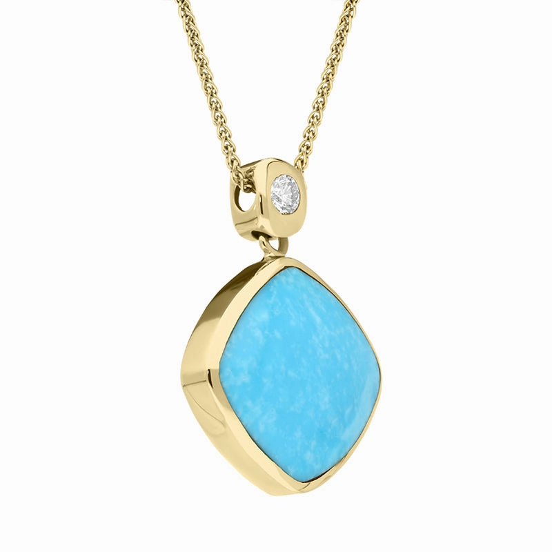 18ct Yellow Gold Diamond Turquoise Cushion Shaped Necklace