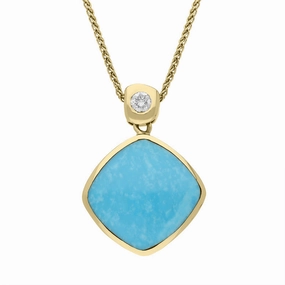 18ct Yellow Gold Diamond Turquoise Cushion Shaped Necklace