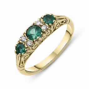 18ct Yellow Gold Emerald and Diamond Baroque Style Ring