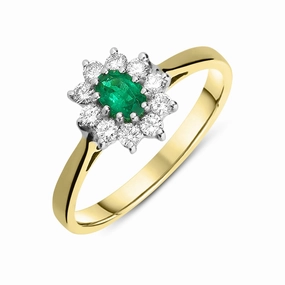 18ct Yellow Gold Emerald Diamond Cluster Ring D