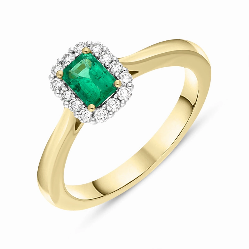 18ct Yellow Gold Emerald Diamond Emerald Cut Cluster Ring