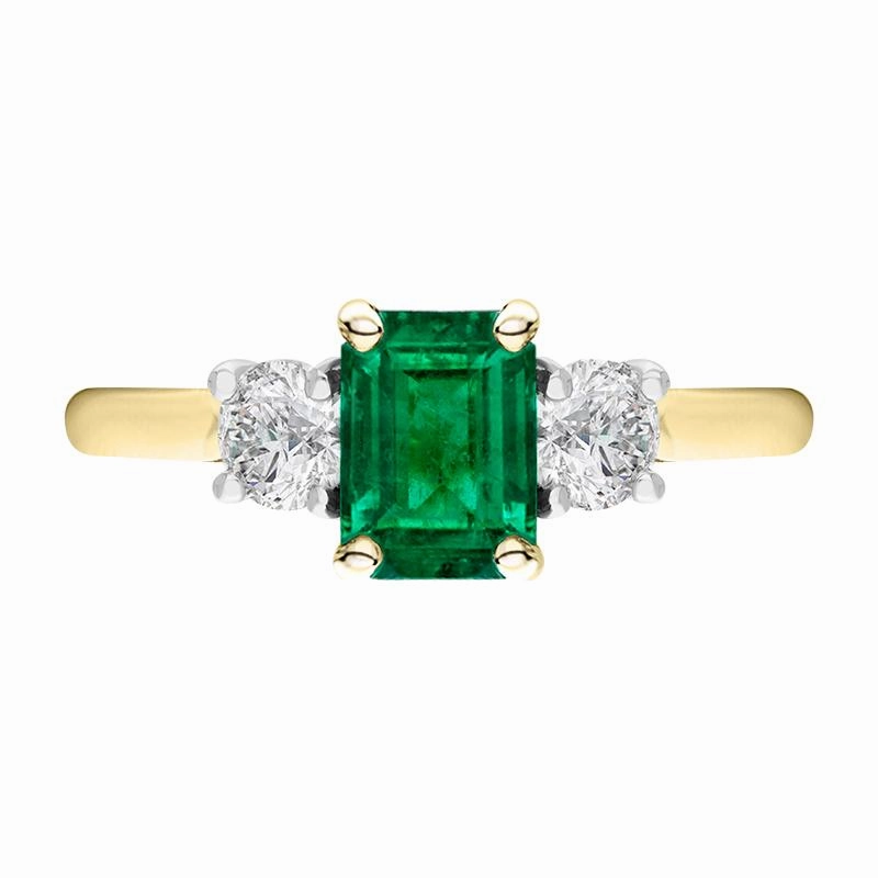 18ct Yellow Gold Emerald Diamond Emerald Cut Three Stone Ring