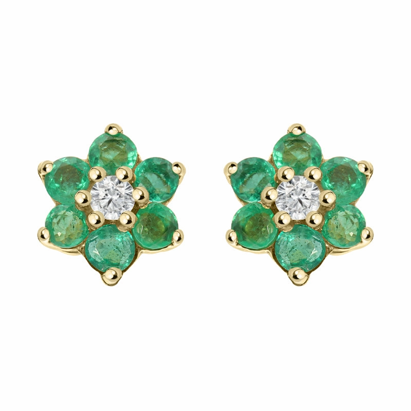 18ct Yellow Gold Emerald Diamond Round Flower Stud Earrings