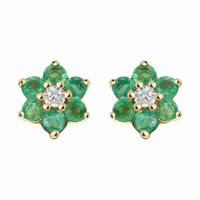 18ct Yellow Gold Emerald Diamond Round Flower Stud Earrings