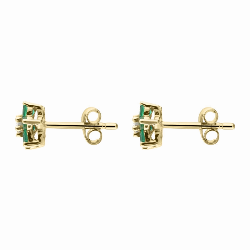 18ct Yellow Gold Emerald Diamond Round Flower Stud Earrings