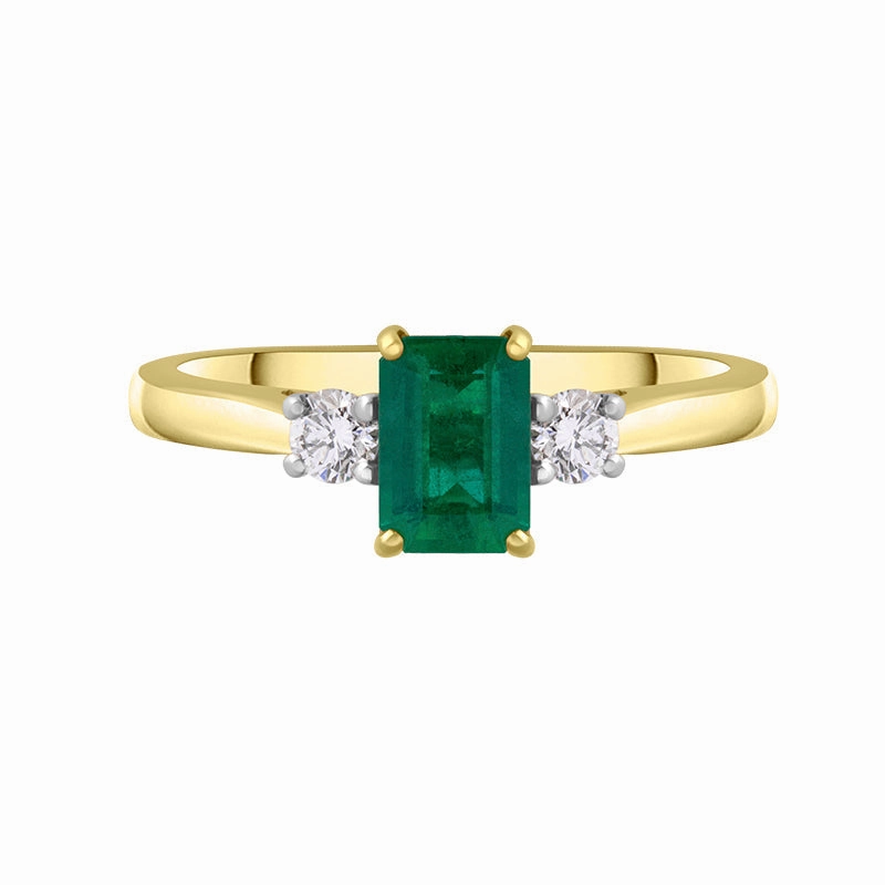18ct Yellow Gold Emerald Diamond Three Stone Ring
