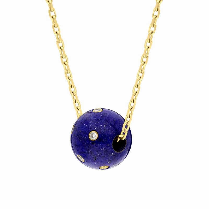 18ct Yellow Gold Lapis Lazuli Diamond Ball Necklace