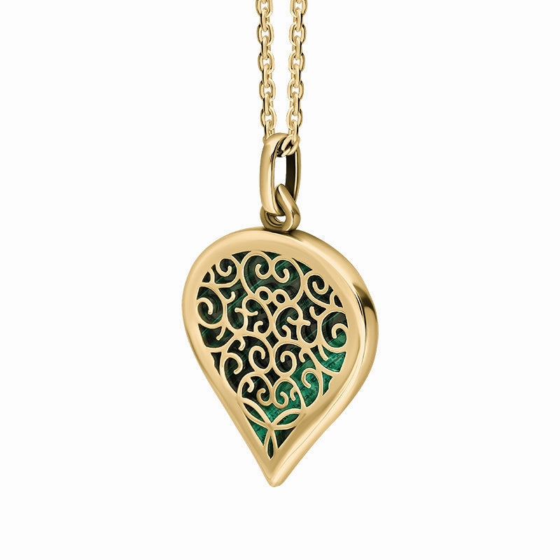 18ct Yellow Gold Malachite Flore Filigree Medium Heart Necklace