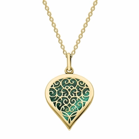 18ct Yellow Gold Malachite Flore Filigree Medium Heart Necklace