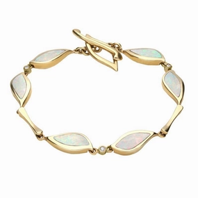 18ct Yellow Gold Opal 0.21ct Diamond Six Stone Leaf Bracelet D