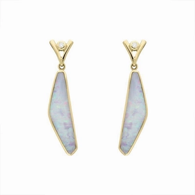 18ct Yellow Gold Opal Diamond Obtuse Shaped Drop Earrings D