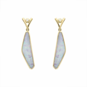 18ct Yellow Gold Opal Diamond Obtuse Shaped Drop Earrings D