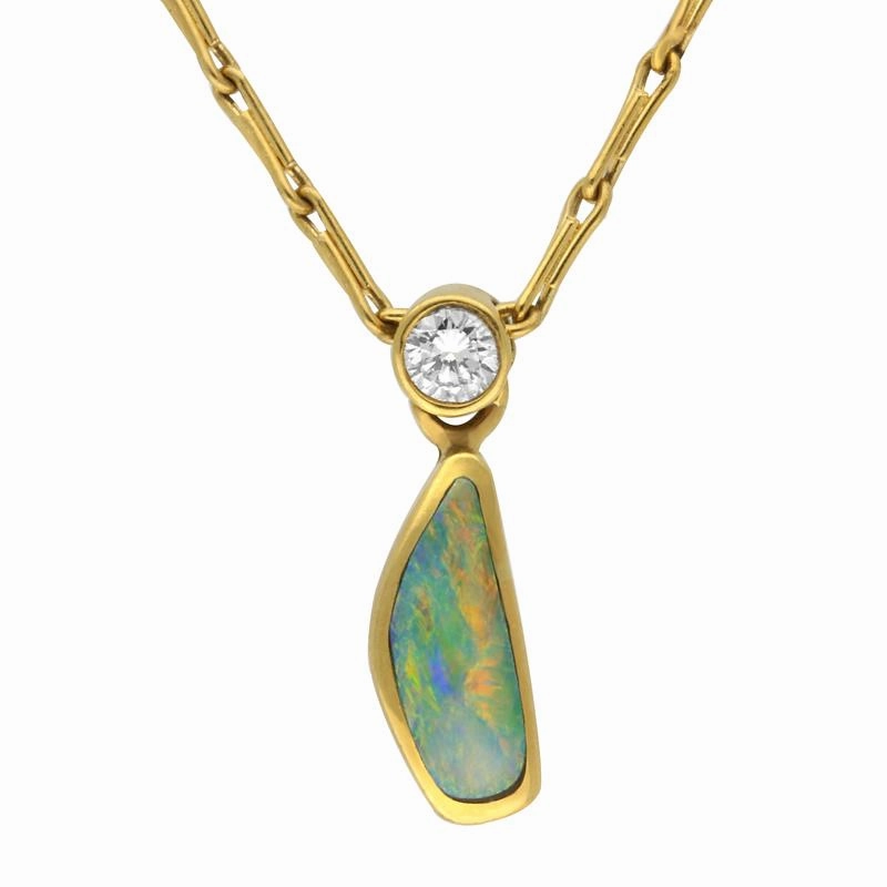 18ct Yellow Gold Opal Diamond Unique Organic Necklace