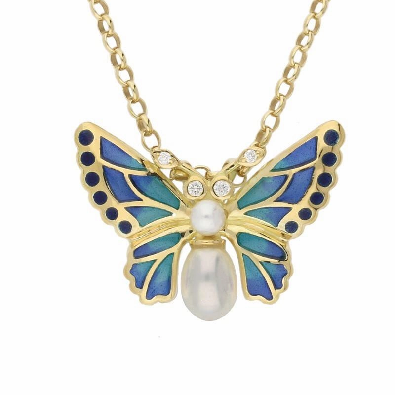 18ct Yellow Gold Pearl Diamond Enamel Style & Fashion Butterfly Necklace