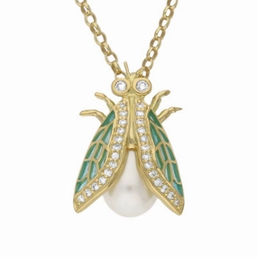 18ct Yellow Gold Pearl Diamond Enamel Style & Fashion Fly Necklace