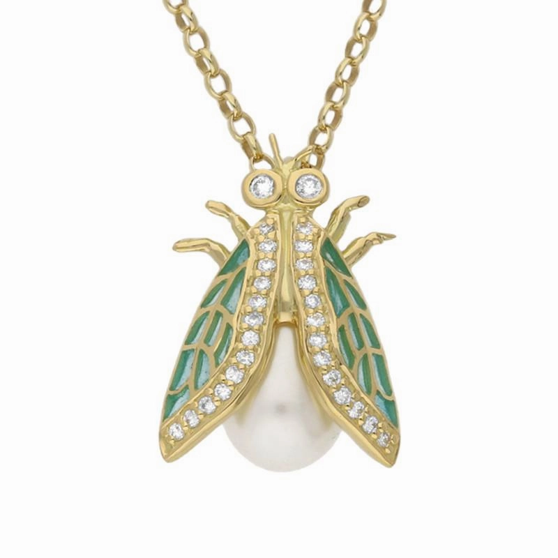 18ct Yellow Gold Pearl Diamond Enamel Style & Fashion Fly Necklace