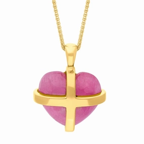 18ct Yellow Gold Pink Greenland Sapphire Small Cross Heart Necklace