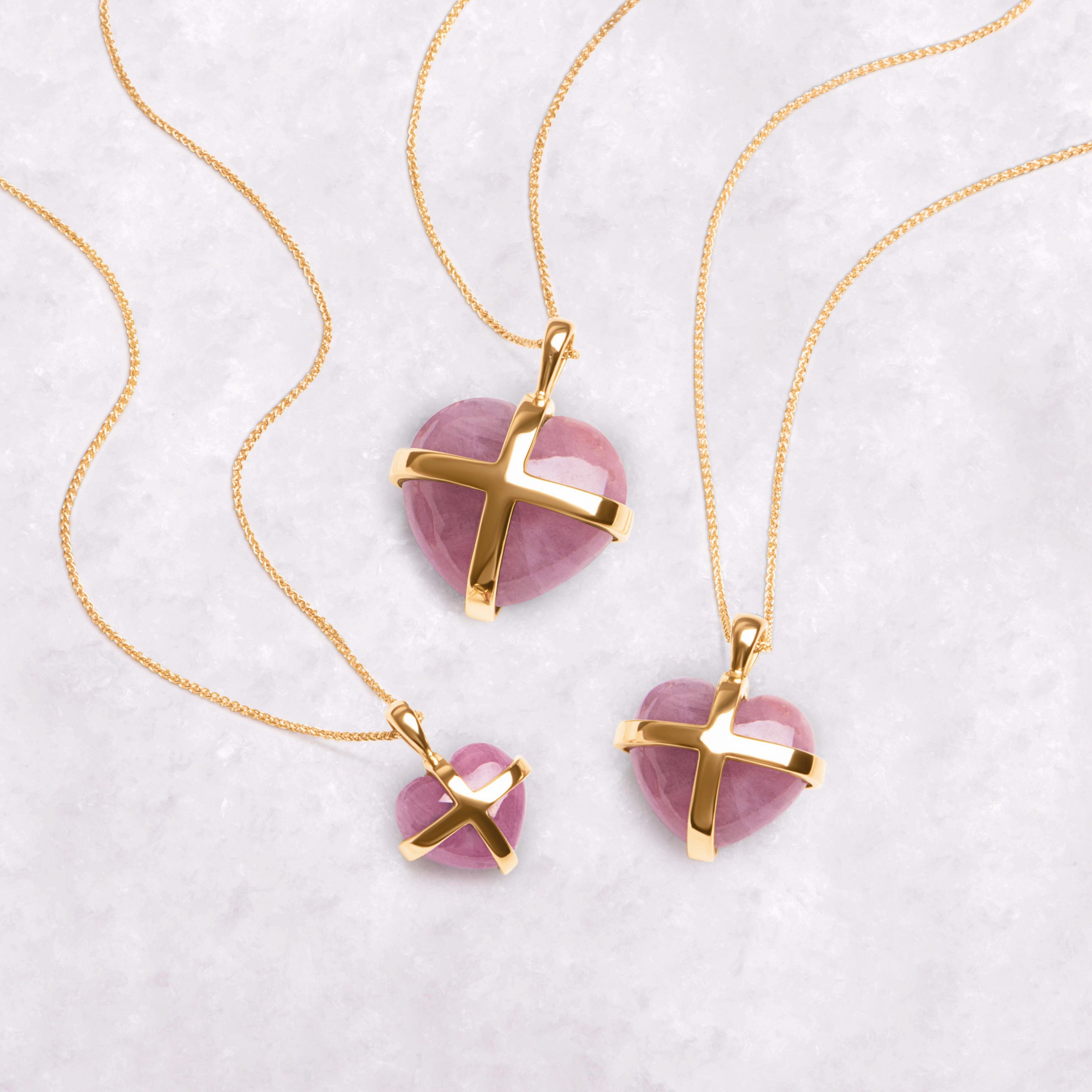 18ct Yellow Gold Pink Greenland Sapphire Small Cross Heart Necklace