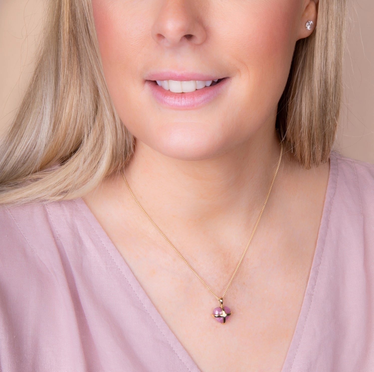 18ct Yellow Gold Pink Greenland Sapphire Small Cross Heart Necklace