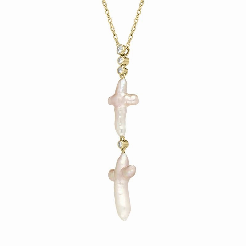 18ct Yellow Gold Pink Mother of Pearl 0.10ct Diamond Unique Double Cross Necklace
