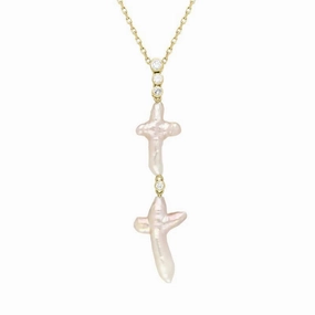 18ct Yellow Gold Pink Mother of Pearl 0.10ct Diamond Unique Double Cross Necklace
