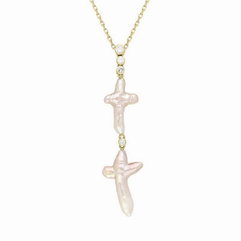 18ct Yellow Gold Pink Mother of Pearl 0.10ct Diamond Unique Double Cross Necklace