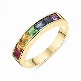 18ct Yellow Gold Rainbow Mixed Stone Square Cut Half Eternity Ring