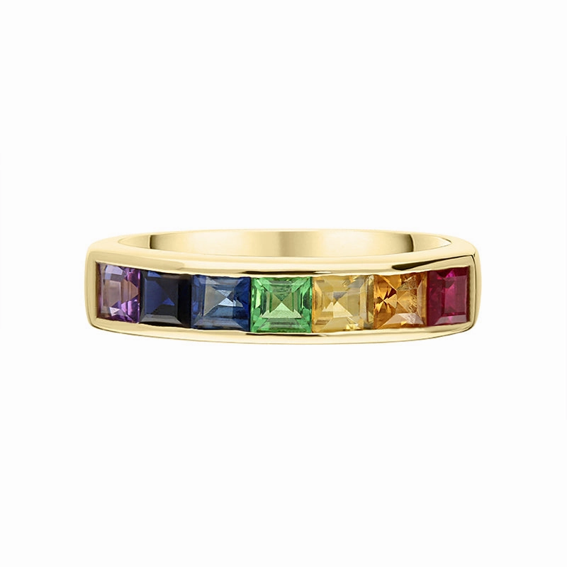 18ct Yellow Gold Rainbow Mixed Stone Square Cut Half Eternity Ring
