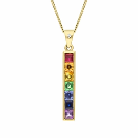 18ct Yellow Gold Rainbow Sapphire Diamond Bar Necklace
