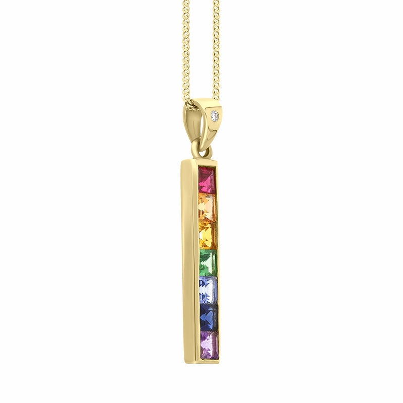 18ct Yellow Gold Rainbow Sapphire Diamond Bar Necklace