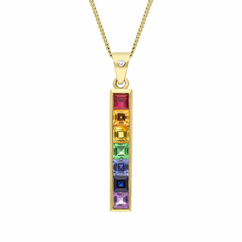 18ct Yellow Gold Rainbow Sapphire Diamond Bar Necklace