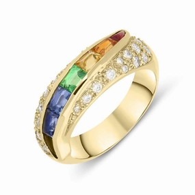 18ct Yellow Gold Rainbow Sapphire Diamond Ring