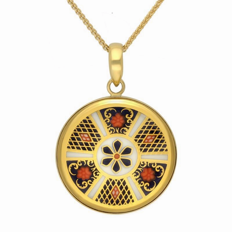 18ct Yellow Gold Royal Crown Derby Imari Small Round Necklace D