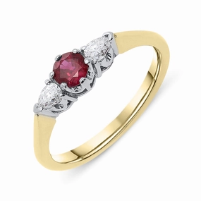 18ct Yellow Gold Ruby and Diamond Pear Cut Trilogy Ring