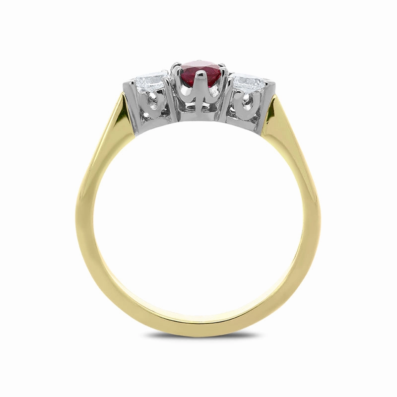18ct Yellow Gold Ruby and Diamond Pear Cut Trilogy Ring