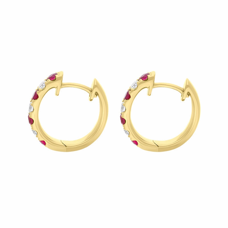 18ct Yellow Gold Ruby Diamond 13.5mm Hoop Earrings