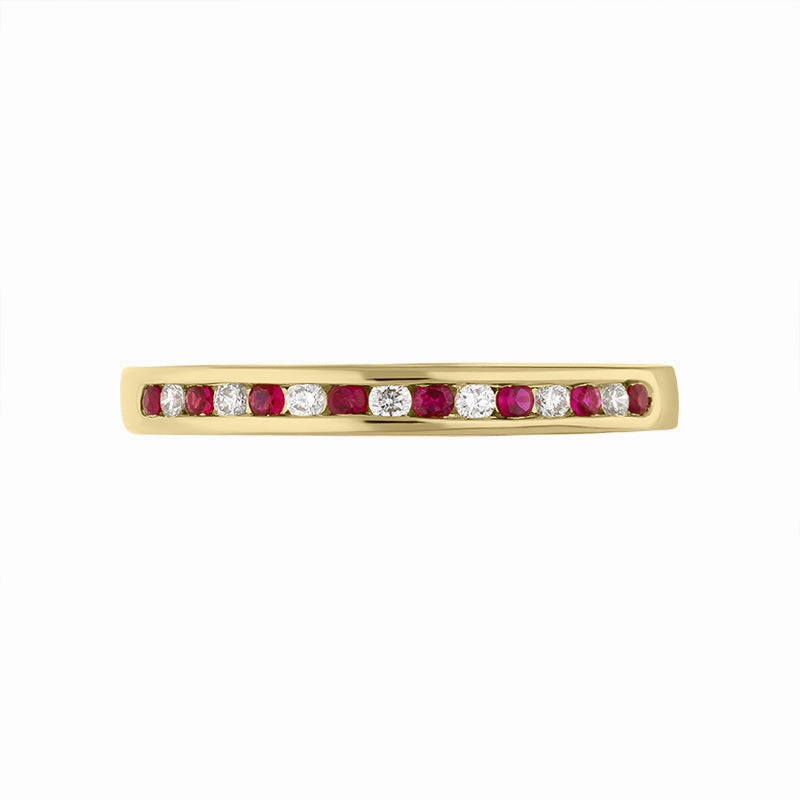 18ct Yellow Gold Ruby Diamond Channel Set Half Eternity Ring