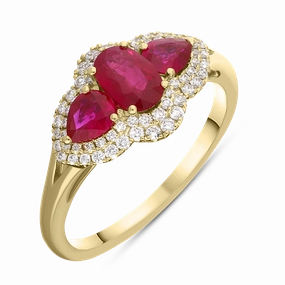 18ct Yellow Gold Ruby Diamond Oval and Pear Cluster Ring