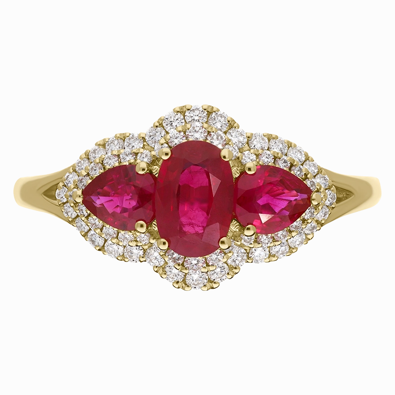 18ct Yellow Gold Ruby Diamond Oval and Pear Cluster Ring
