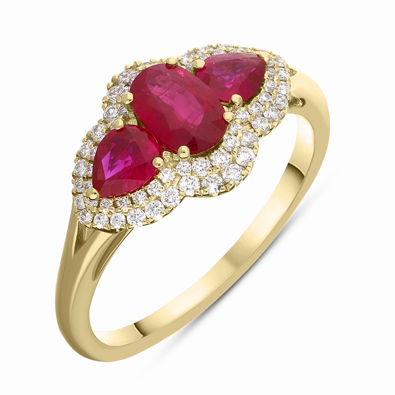 18ct Yellow Gold Ruby Diamond Oval and Pear Cluster Ring