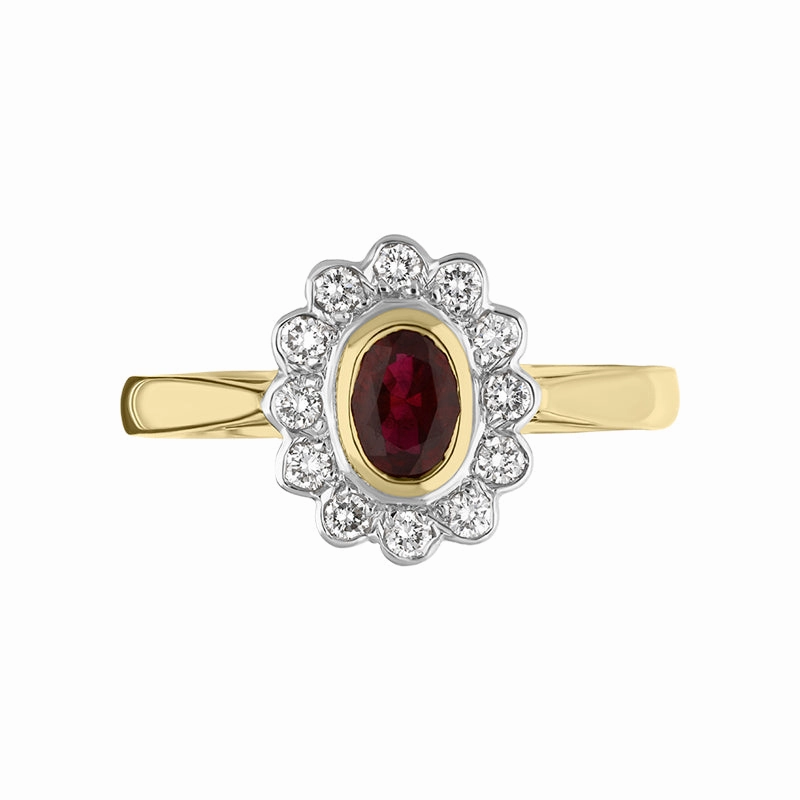 18ct Yellow Gold Ruby Diamond Oval Cluster Ring D