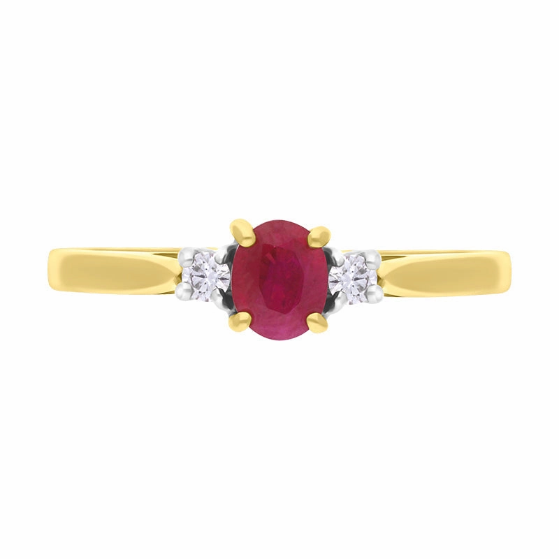 18ct Yellow Gold Ruby Diamond Oval Cut Three Stone Ring D
