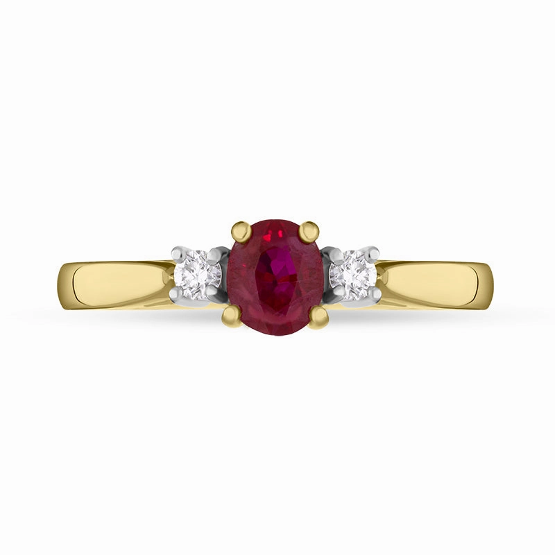 18ct Yellow Gold Ruby Diamond Oval Cut Three Stone Ring